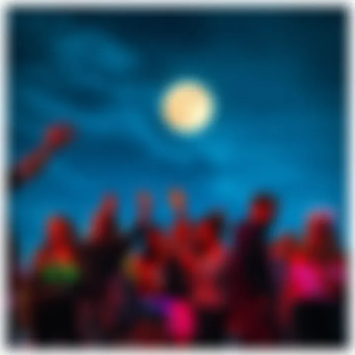 A lively group of people gathered outdoors under a night sky, engaging in fun activities related to moonin', surrounded by vibrant lights and laughter.
