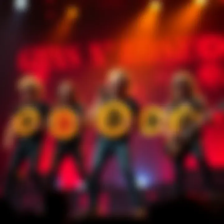 Guns N' Roses band members holding Bitcoin signs and smiling on stage