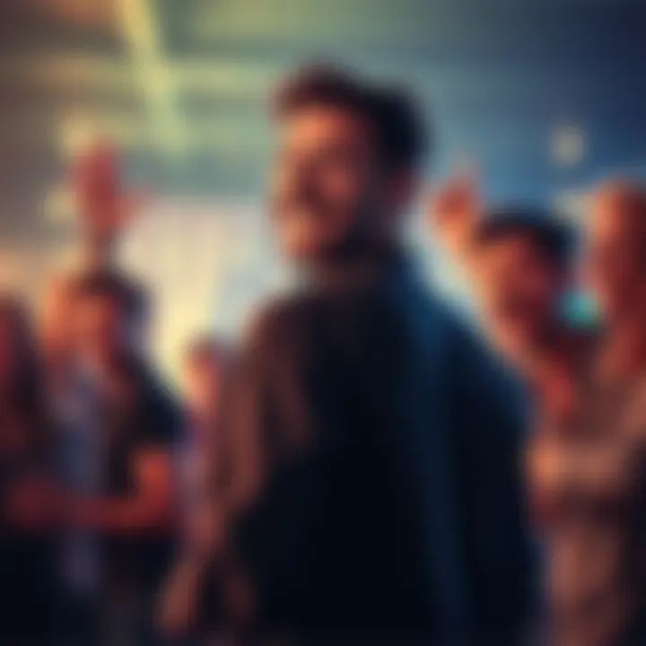 A man smiling while standing at the back of a group of friends enjoying a party