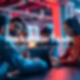 A group of diverse individuals brainstorming and working together on laptops at a hackathon event.