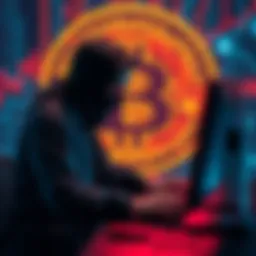 A person at a computer, with a digital Bitcoin symbol in the background, representing hacking the Bitcoin network.