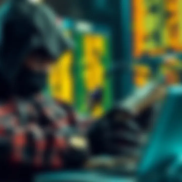 A digital depiction of a hacker purchasing Ethereum with stolen cryptocurrency, illustrating the recent Coinbase breach