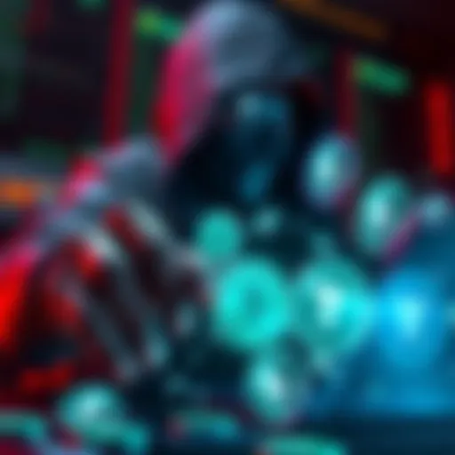 A digital representation of a hacker manipulating cryptocurrency transactions, with visuals of money being funneled through Tornado Cash symbols.