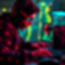 A hacker using a computer to mix cryptocurrency funds, symbolizing money laundering in the crypto world.