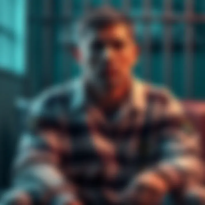 A man in a prison uniform seated with a serious expression, representing the consequences of cybercrime
