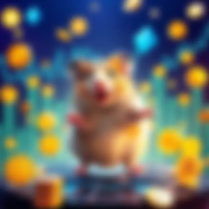 A lively hamster running on a wheel surrounded by cryptocurrency symbols, illustrating its trading journey.