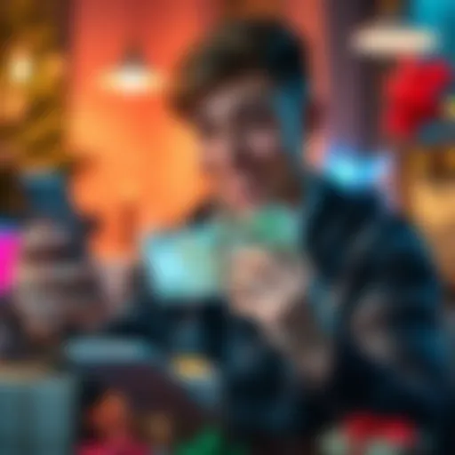 A cheerful person looking surprised while checking their phone, holding a €3 bill, surrounded by small gifts and treats.