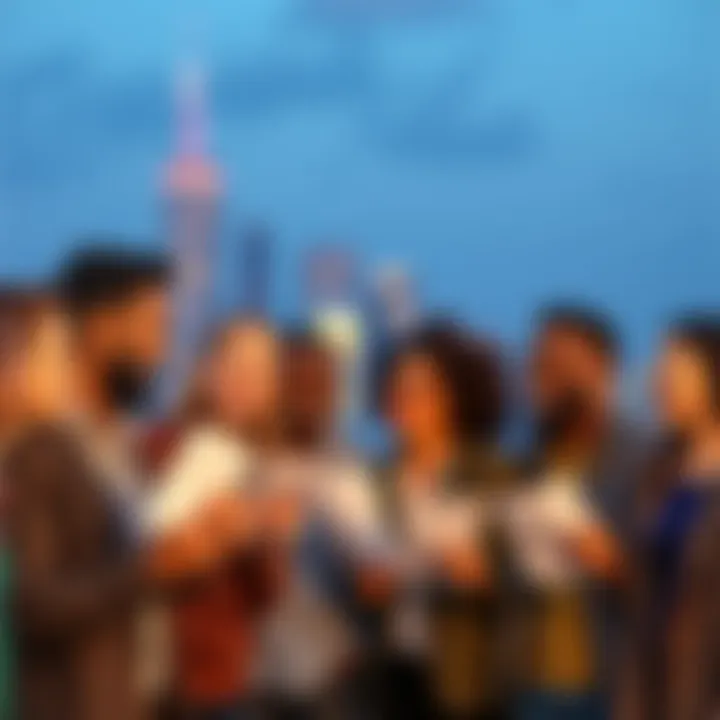 A group of diverse renters smiling and chatting, holding rental agreements, with a city skyline in the background, symbolizing easing rent burdens due to inflation.