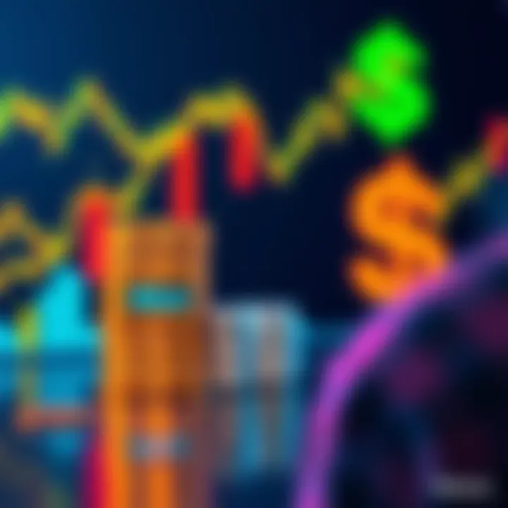 A visual representation showing a stock chart with upward trends, a stack of coins labeled Hbar, and a person considering investment options with a dollar sign in the background.