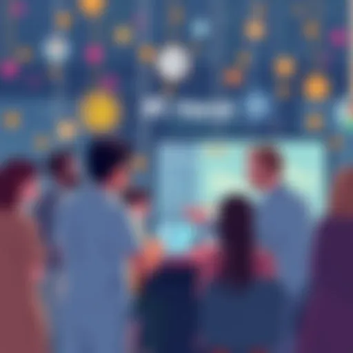 Illustration showing community members discussing health data ownership, with elements representing Pi Network and 23andMe.