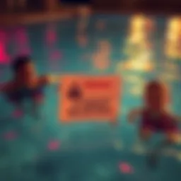 A family swimming in a pool with a warning sign about health risks from parasites.