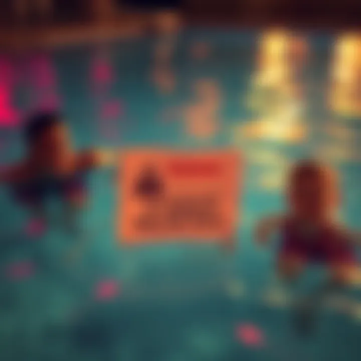 A family swimming in a pool with a warning sign about health risks from parasites.