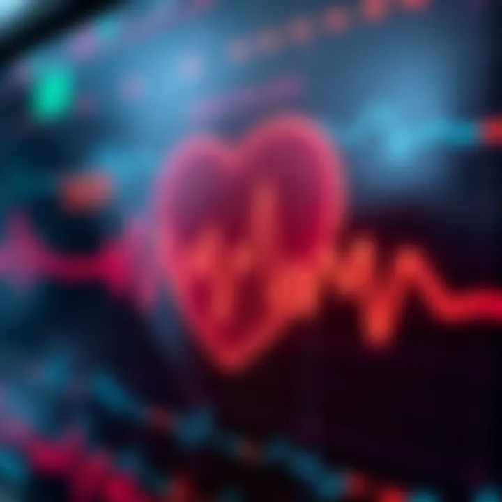 A close-up view of a heartbeat monitor showing rhythmic heartbeats on a digital display, symbolizing health and well-being.