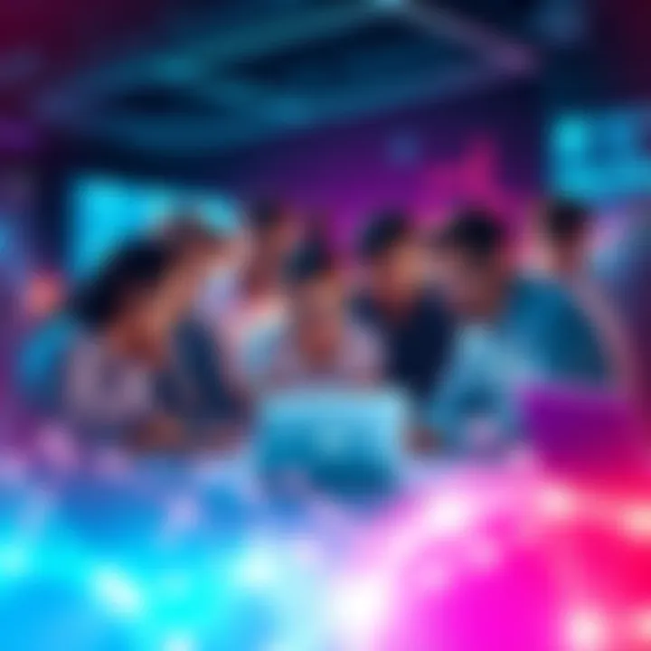 A group of diverse developers collaborating on blockchain projects, symbolizing Hedera's growth in the tech field.