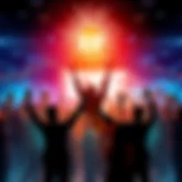 People celebrating the launch of Hedera's first ETF with graphs showing market success in the background