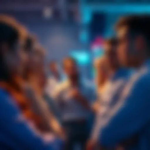 A diverse group of people engaged in discussions about blockchain technology and marketing strategies, highlighting Hedera's focus on specific audiences.