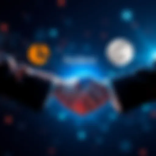 Hedera logo and The Moon logo shaking hands, symbolizing partnership and growth for HBAR investors