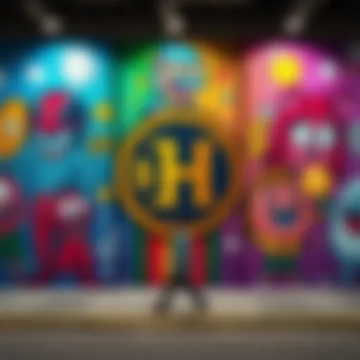 A vibrant mural featuring the $Hege memecoin logo and animated characters, promoting the brand's engagement with the community through art and NFTs.