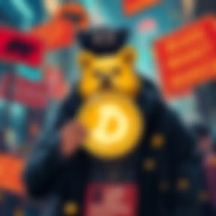 A person holding a Dogecoin symbol while surrounded by bearish market signs, looking determined and optimistic.