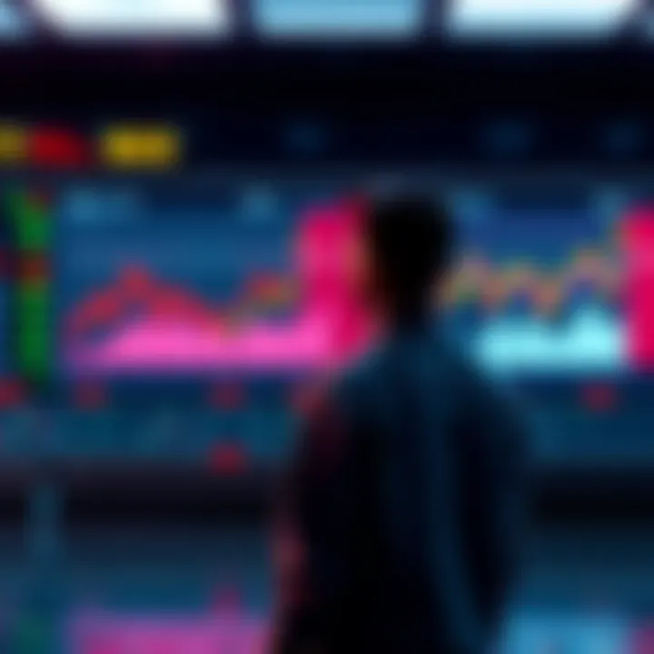 A person standing in front of a stock market display, contemplating their investment choices, with graphs showing market trends in the background.