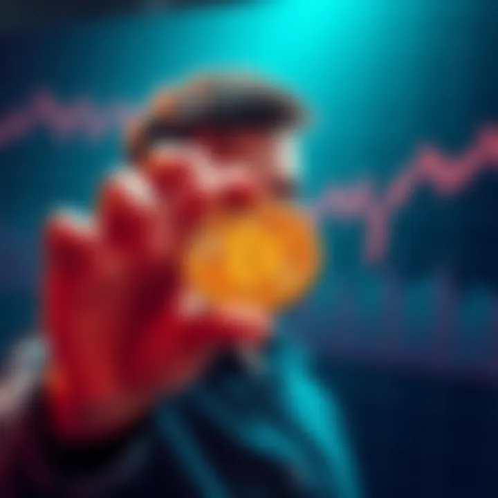 A person holding HBAR coins with a questioning expression, looking towards a fluctuating graph in the background.