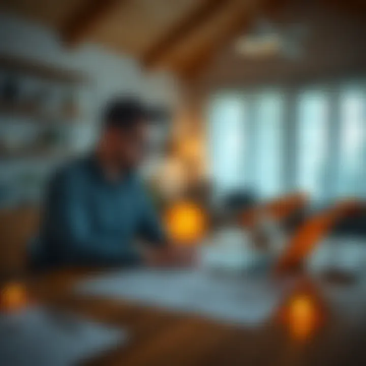 A homeowner sits at a table looking at a laptop with Bitcoin graphics and a house blueprint spread out, contemplating how to fund a home addition.