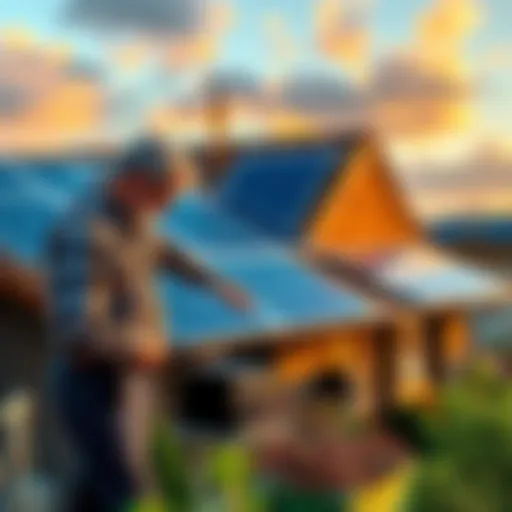 A homeowner inspects solar panels on their roof while three Asic miners operate nearby, showcasing energy integration.