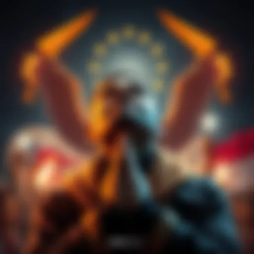 A person with hands clasped in prayer, gazing upwards with a hopeful expression, surrounded by symbols of determination and strength.