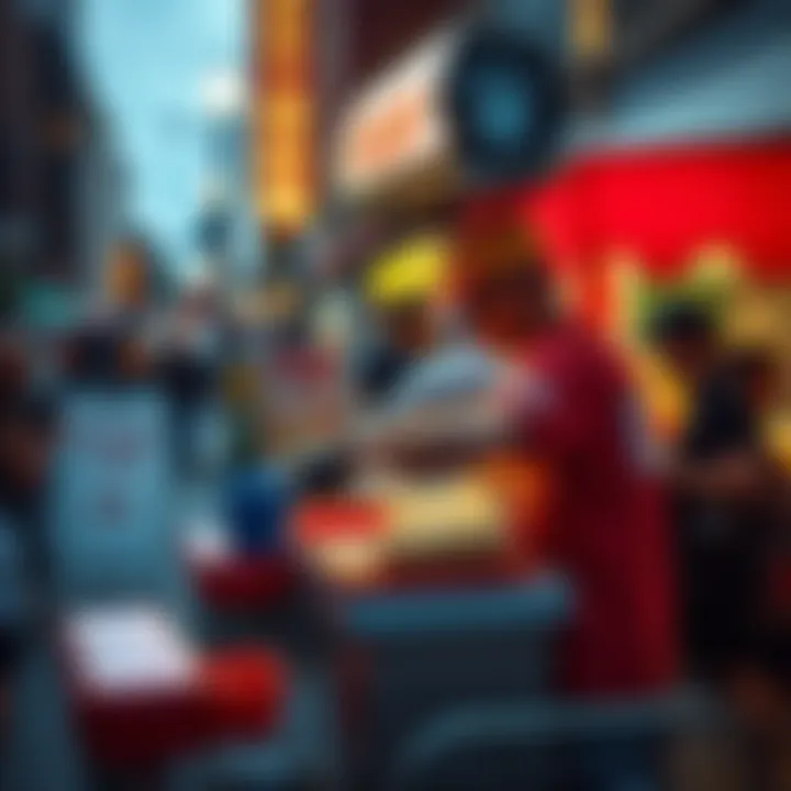 A friendly vendor prepares fresh Kaspa hot dogs at a bustling street corner, serving eager passersby.