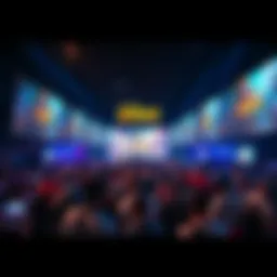Crowd gathers excitedly for the launch of The Hunter-trials event, showcasing colorful banners and gaming setups.