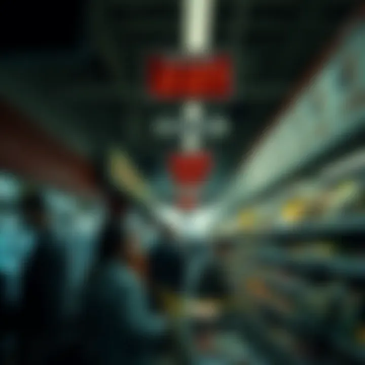 A crowded grocery store with rising prices displayed on signs, reflecting the effects of hyperinflation on consumer habits and daily expenses.