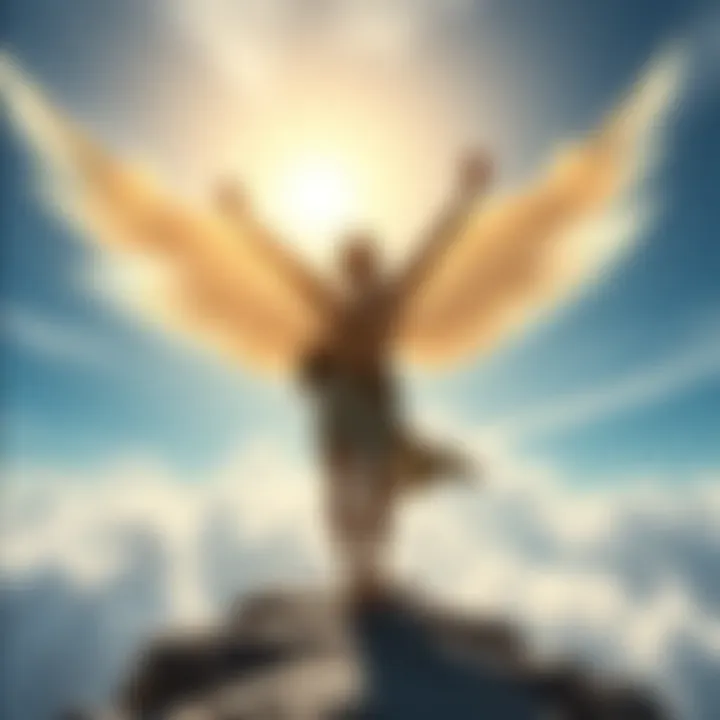 Icarus stands confidently with his arms raised, expressing strength and determination as he embarks on his journey, surrounded by a bright sky and scenic landscape.