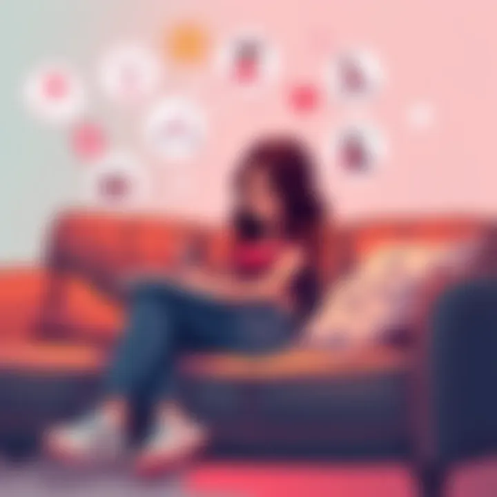 A person sitting on a couch, daydreaming about their ideal girlfriend while writing in a notebook. Thought bubbles show various fun activities they wish to do together.