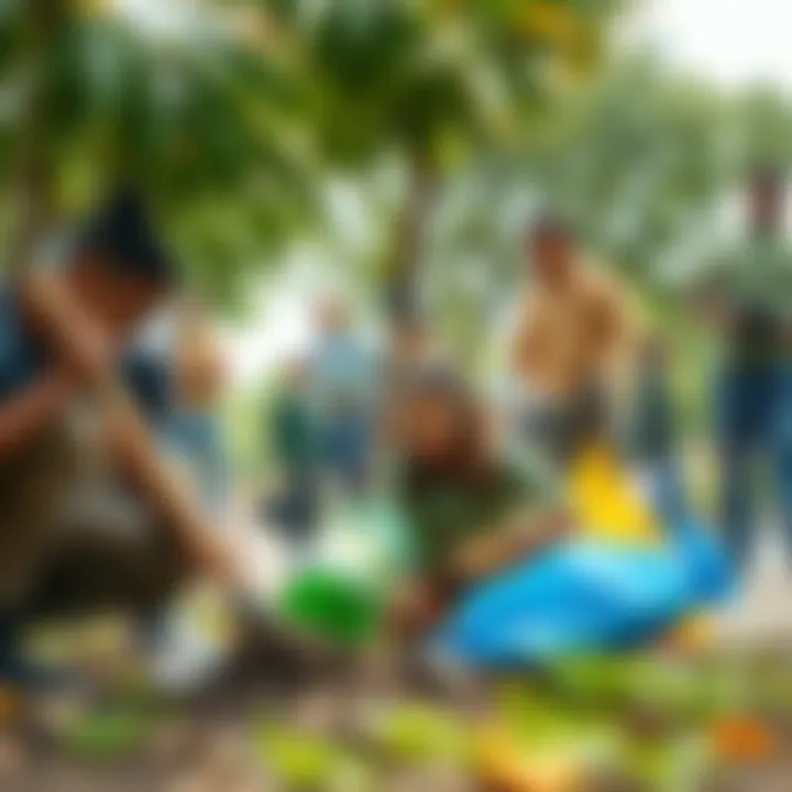 A diverse group of people engaging in community cleanup, collecting trash and planting trees, showcasing collective effort for a better environment.