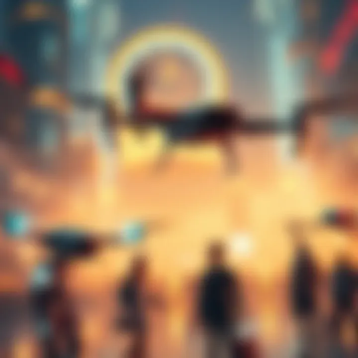A bright scene showing futuristic technology like drones and robots interacting with people, symbolizing advances in innovation for 2025.