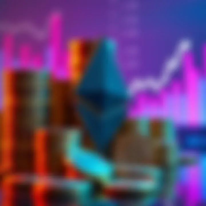 Visual representation of a large Ethereum purchase by an institution, with stacks of Ethereum coins and a graph showing rising prices.
