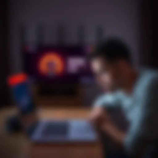 A frustrated person looking at a slow internet speed test result on a laptop, with a router in the background showing a warning light.