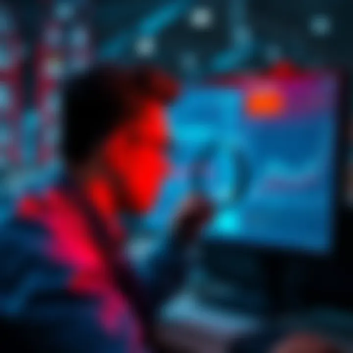 A person looking at a computer screen with data charts and a magnifying glass, representing the investigation of a fake report about APIs.