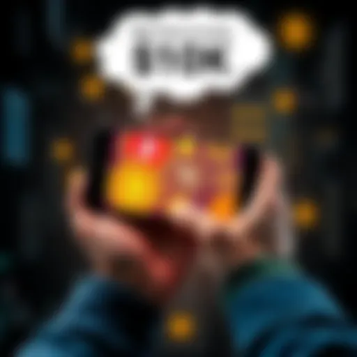 A person holding a smartphone displaying various cryptocurrency coins and charts, symbolizing investment choices, with a thought bubble showing $10k investment