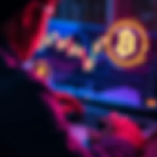 A person analyzing cryptocurrency charts on a laptop with Bitcoin and Ether symbols visible