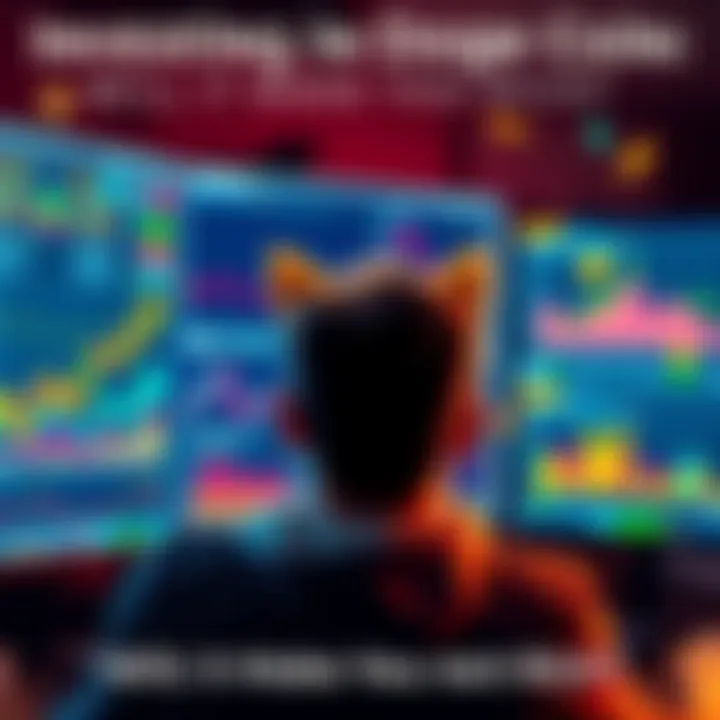 A person looking at a computer screen displaying Doge Coin charts and graphs, with money symbols around them.