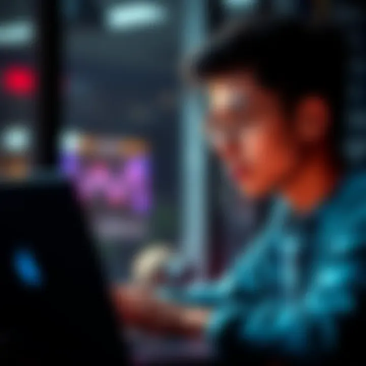 A student looks at a laptop while considering investments in small, volatile cryptocurrencies like AI and meme coins.