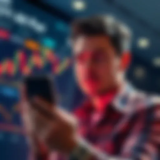 A person holding a phone with graphs showing altcoin market trends while considering investment options, with a focused expression.