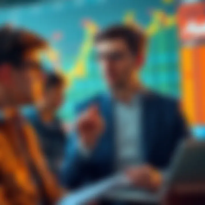 Retail investors looking frustrated while watching stock market data and XRP charts, curious about institutional buying effects.