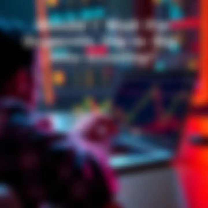 A person looking at a graph on a laptop showing Dogecoin prices, contemplating an investment decision