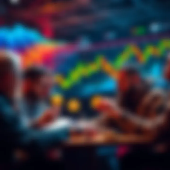 A diverse group of people analyzing charts and tokens related to Ethereum and other altcoins, discussing investment strategies