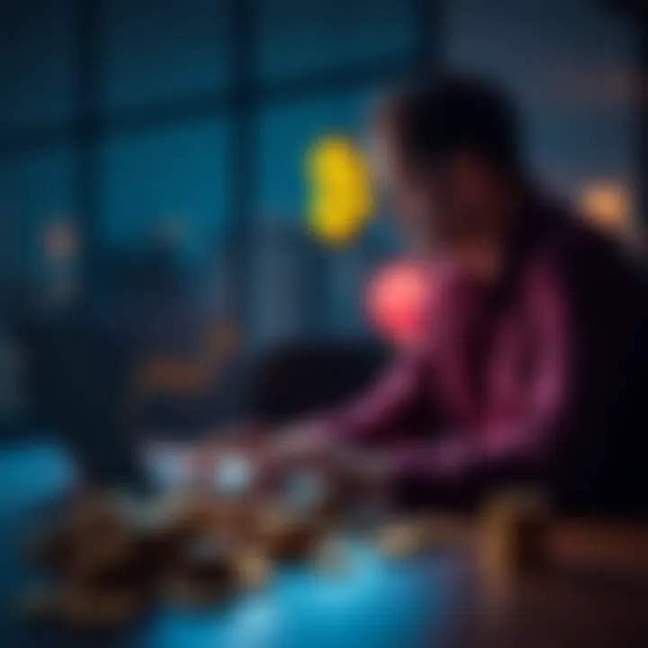 A person contemplating investing all their savings into Bitcoin, looking at a Bitcoin chart on a laptop with coins on the table.