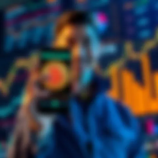 A happy investor holding a smartphone displaying Bitcoin prices, surrounded by charts and graphs showing upward trends, symbolizing success in cryptocurrency
