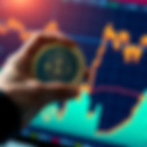 A graphic showing a hand holding a Bitcoin with a chart displaying upward trends in the background, symbolizing dollar-cost averaging strategy.