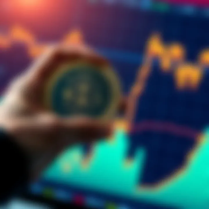 A graphic showing a hand holding a Bitcoin with a chart displaying upward trends in the background, symbolizing dollar-cost averaging strategy.